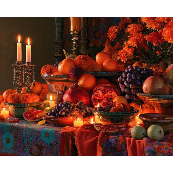 dia de muertos still life, fruit altar painting, mexican oil painting, day of the dead food art, marigold still life, cultural kitchen decor, festive fruit painting, mexican table art, seasonal wall decor, colorful still life
