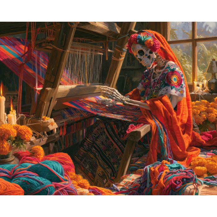 calavera weaver, dia de muertos textile art, skeleton artisan painting, mexican loom art, day of the dead oil painting, cultural wall decor, weaving painting, festive workshop art, marigold artisan, seasonal decor