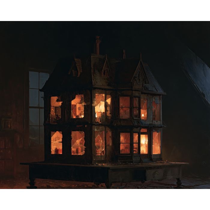 haunted dollhouse painting, halloween miniature art, gothic dollhouse decor, halloween oil painting, spooky antique art, eerie toy painting, vintage halloween decor, dark nursery art, miniature house painting, seasonal wall art