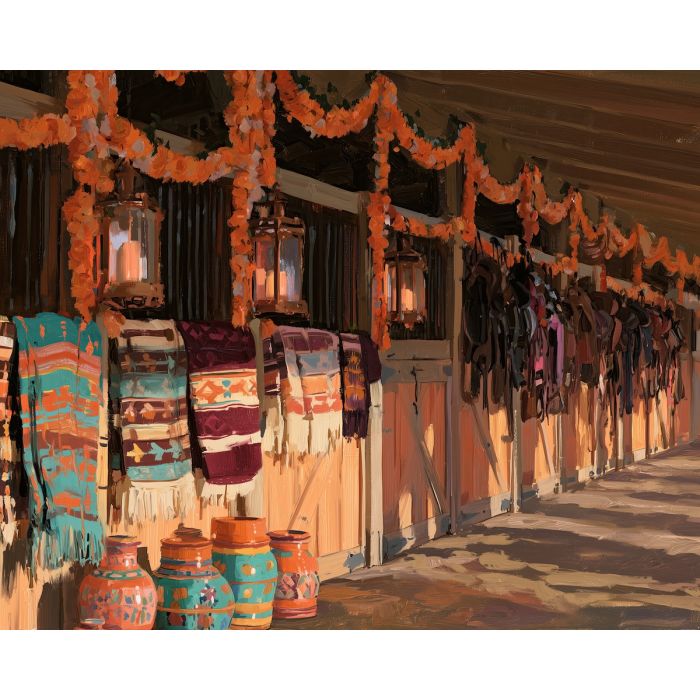 marigold stable, dia de muertos farmhouse art, mexican stable painting, day of the dead oil painting, equestrian wall decor, cultural art, festive barn painting, marigold interior, rustic mexican decor, seasonal art