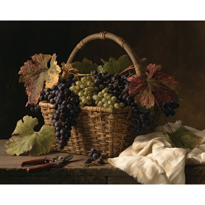 grape basket painting, fall still life, autumn harvest art, seasonal oil painting, vineyard decor, grape wall art, kitchen wall painting, harvest still life, fall dining decor, rustic autumn art