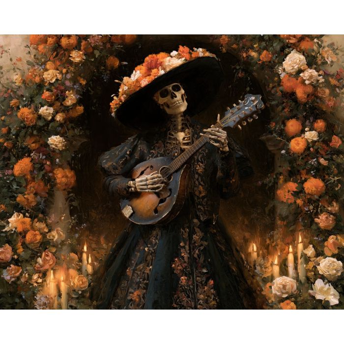 calavera mandolin, dia de muertos music art, skeleton musician painting, day of the dead decor, mexican oil painting, mandolin wall art, marigold musician, romantic cultural art, festive portrait, seasonal painting