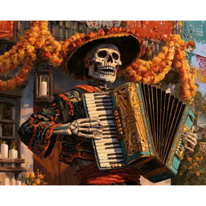 calavera accordionist, dia de muertos music art, skeleton accordion painting, day of the dead musician, mexican oil painting, street performance art, cultural wall decor, marigold music painting, festive decor, seasonal art