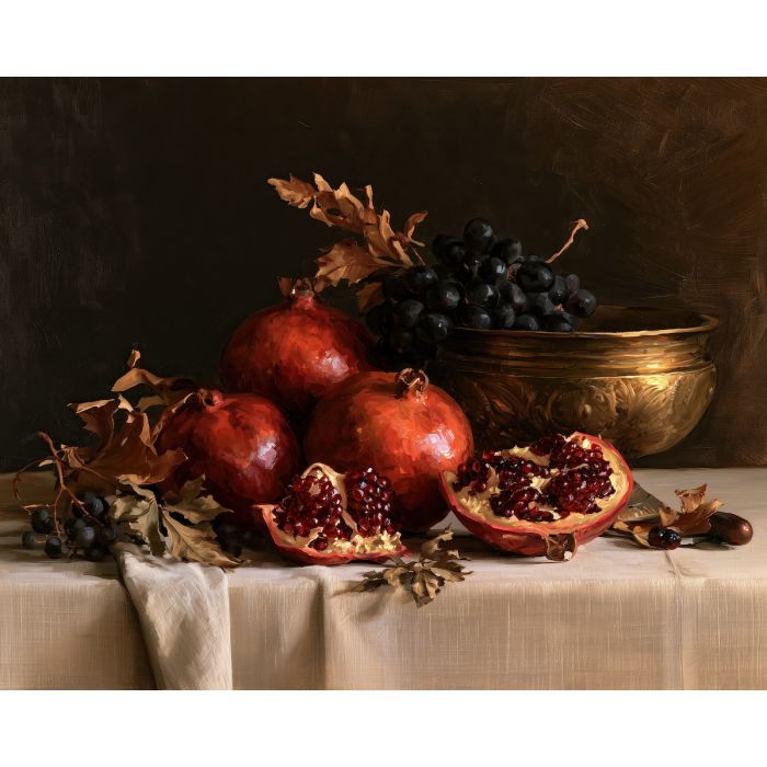 pomegranate painting, fall still life, autumn fruit art, oil painting, seasonal kitchen decor, red fruit painting, classical still life, fall dining room art, harvest wall decor, autumn home art