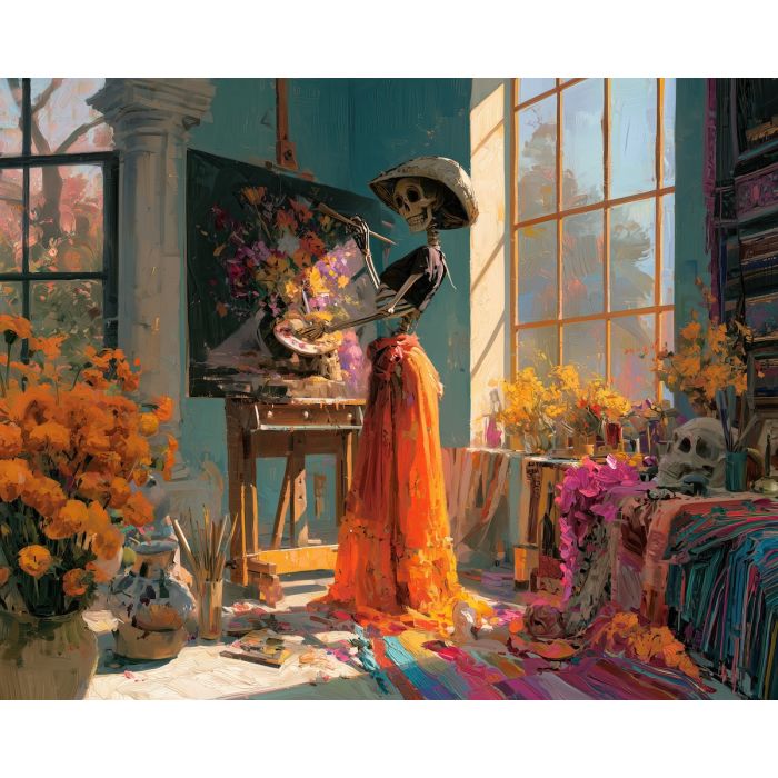calavera painter, dia de muertos artist art, skeleton painter painting, mexican oil painting, day of the dead decor, artist studio wall art, cultural painting, marigold studio art, festive creative decor, seasonal art