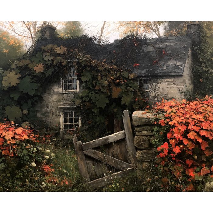 overgrown cottage painting, halloween landscape art, dark botanical painting, halloween oil painting, abandoned cottage decor, gothic garden art, spooky nature painting, autumn vines art, seasonal wall decor, mysterious cottage painting