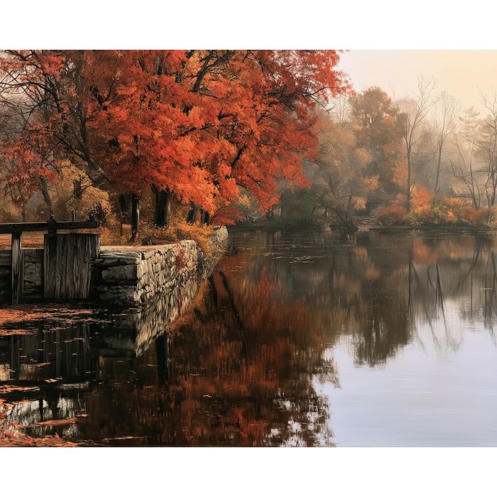 autumn mill pond, fall landscape painting, reflective water art, seasonal oil painting, autumn tree decor, rustic pond painting, fall wall art, countryside scenery, seasonal landscape, peaceful autumn art