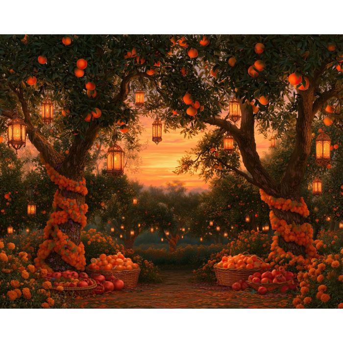 marigold orchard, dia de muertos landscape, mexican fruit painting, day of the dead oil painting, orchard wall art, cultural decor, festive garden painting, marigold tree art, seasonal landscape, fruit harvest art