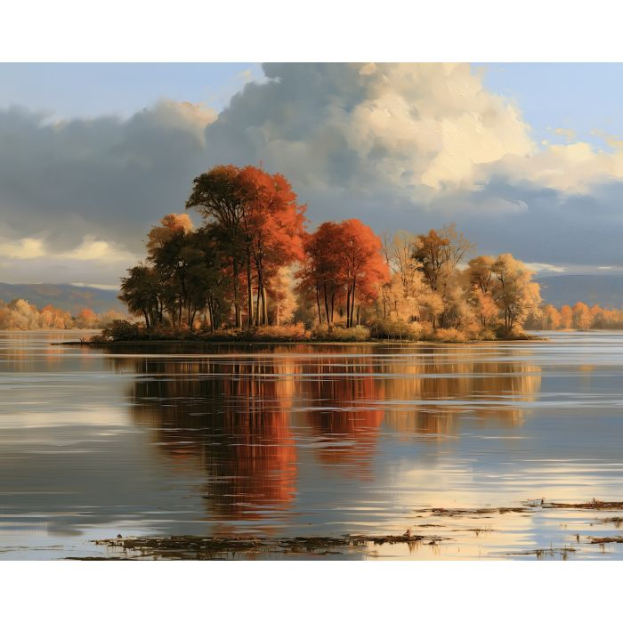 fall river island, autumn landscape painting, seasonal oil painting, river wall art, fall foliage decor, reflective water painting, nature wall decor, autumn scenery, peaceful landscape, seasonal wall art