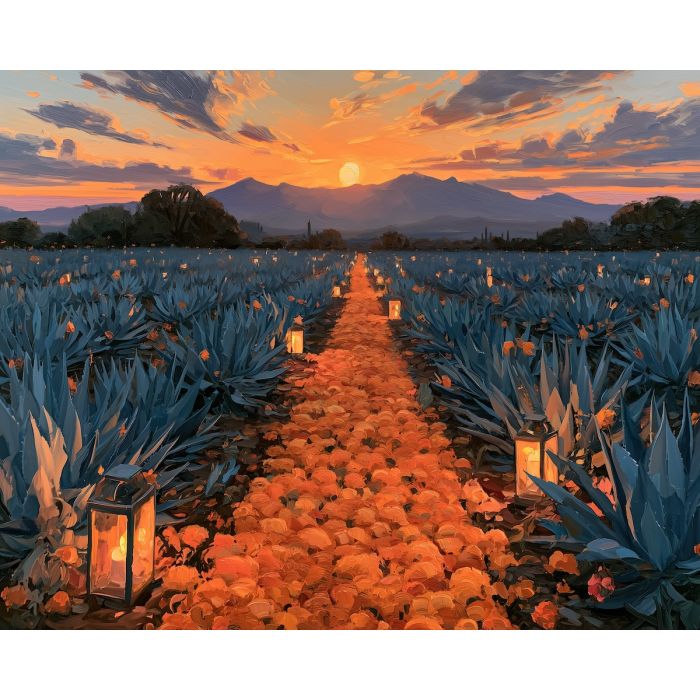 agave field painting, dia de muertos landscape, marigold trail art, mexican countryside painting, day of the dead oil painting, cultural wall art, sunset agave decor, festive landscape, seasonal mexican art, desert wall art