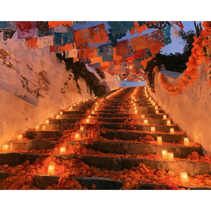 marigold stairs painting, dia de muertos decor, mexican stairway art, day of the dead oil painting, candle path art, cultural wall decor, marigold petals painting, festive mexican architecture, seasonal painting, remembrance art