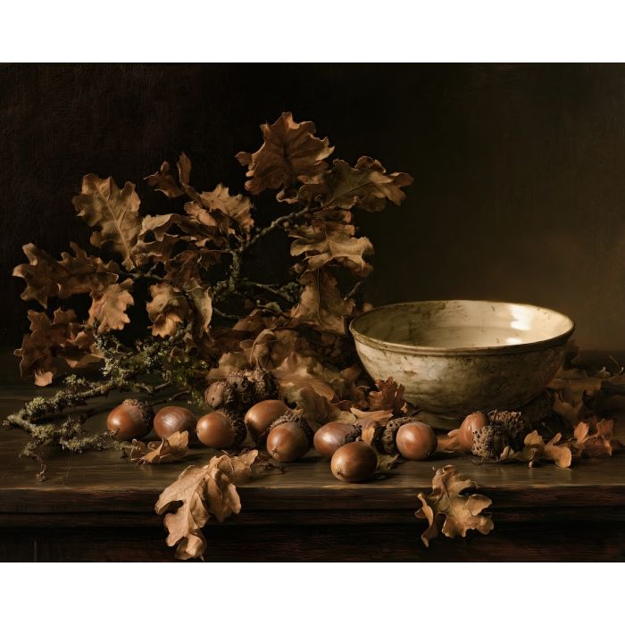 acorn painting, oak leaf art, fall still life, autumn oil painting, nature wall decor, seasonal still life, rustic fall art, woodland decor, autumn tabletop painting, fall home art