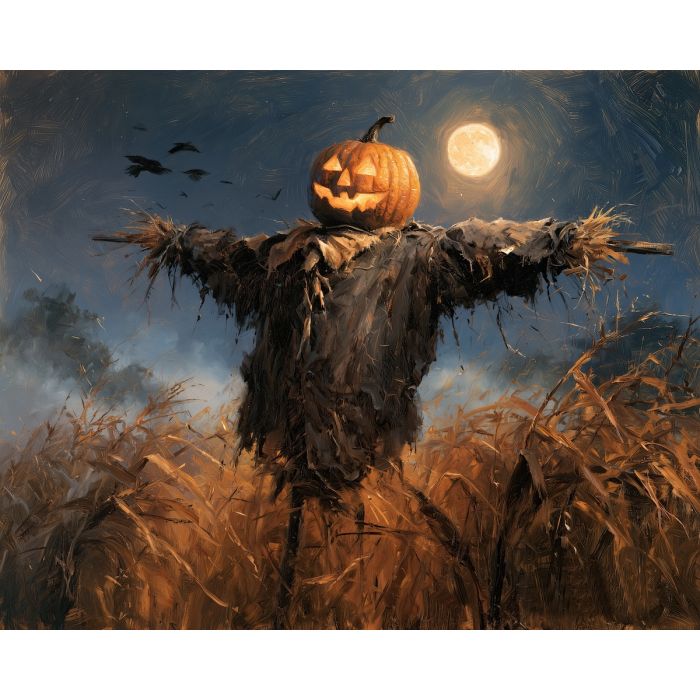 pumpkin scarecrow, halloween scarecrow art, pumpkin head painting, halloween oil painting, cornfield art, rustic halloween decor, spooky farmhouse painting, autumn wall art, jack o lantern scarecrow, seasonal decor