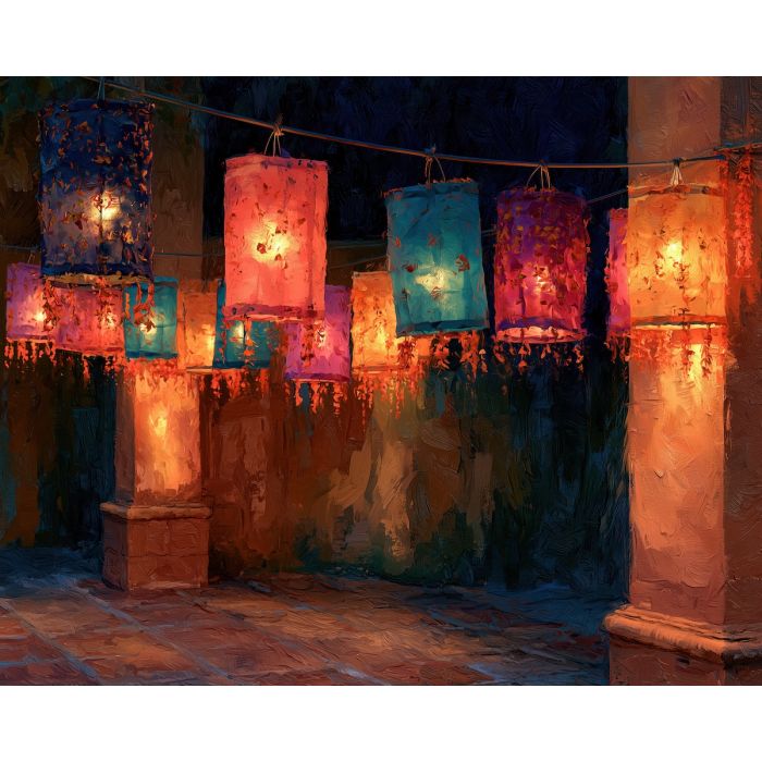 marigold lanterns, dia de muertos decor, mexican courtyard art, day of the dead painting, lantern oil painting, cultural wall decor, festive light art, marigold wall art, seasonal decor, colorful mexican painting