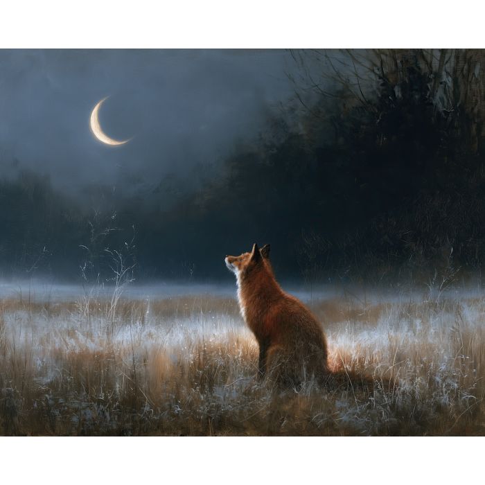 fox painting, halloween wildlife art, moonlit fox decor, autumn animal painting, halloween oil painting, gothic nature art, red fox wall art, misty field painting, seasonal decor, dark wildlife painting