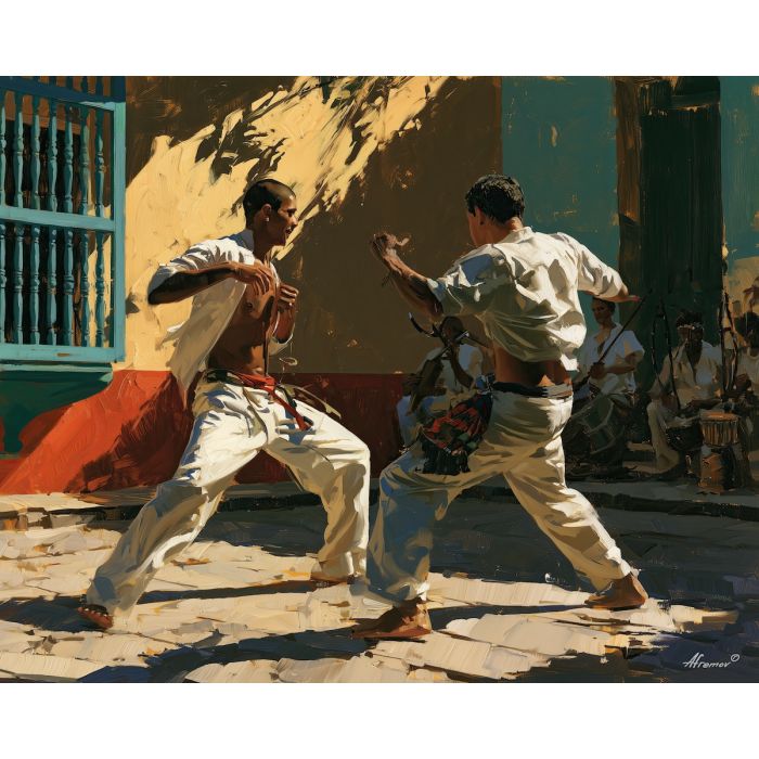 capoeira painting, Brazilian culture art, Brazil martial arts decor, oil painting, berimbau art, South America wall decor, cultural movement painting, Brazilian music art, capoeira wall art, traditional Brazil decor