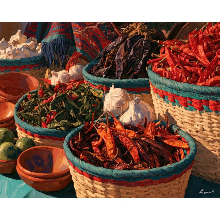 Mexican chile painting, pepper still life, Mexico kitchen art, oil painting, market basket decor, Mexican food wall art, colorful kitchen painting, cultural still life, rustic food decor, chile wall art
