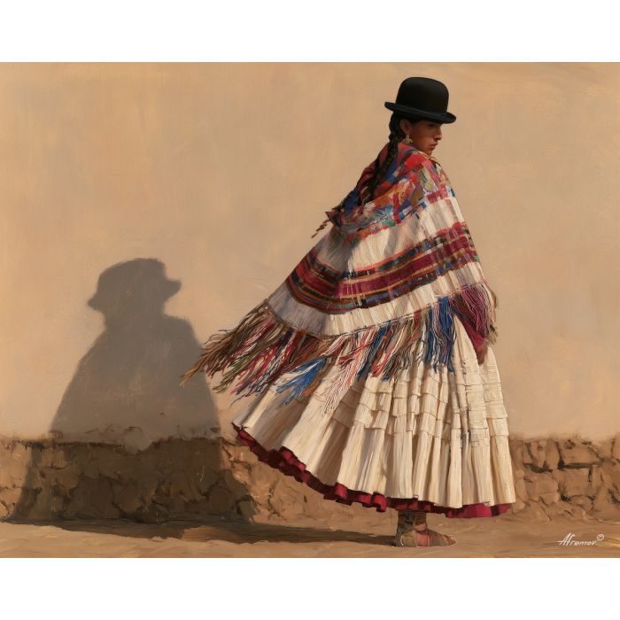 Bolivian woman painting, pollera art, cholita inspired portrait, Bolivia culture decor, oil painting, traditional clothing art, Andean textile painting, cultural wall art, Bolivia heritage art, South America portrait