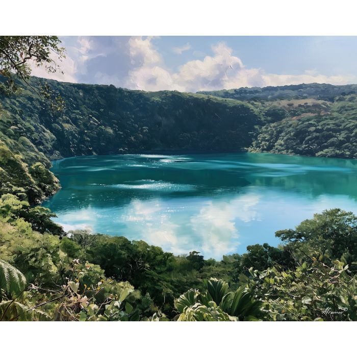 Laguna de Apoyo painting, Nicaragua lake art, volcanic lagoon decor, oil painting, Nicaraguan landscape, Central America scenery, turquoise lake painting, travel wall decor, crater lake art, nature wall art