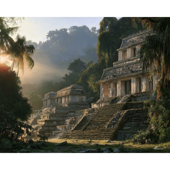 palenque painting, mexican heritage art, maya ruins landscape, mexican culture decor, oil painting, jungle ruins art, ancient mexico wall art, cultural landscape, archaeological art, tropical heritage painting
