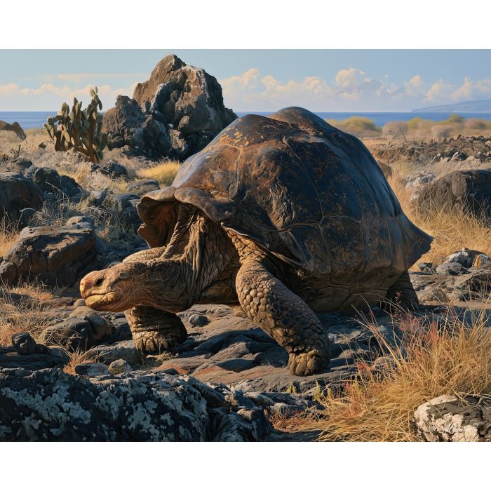 Galapagos tortoise painting, Ecuador wildlife art, island animal decor, oil painting, Ecuador nature art, tortoise wall art, South America wildlife, volcanic landscape painting, Galapagos decor, nature wall art