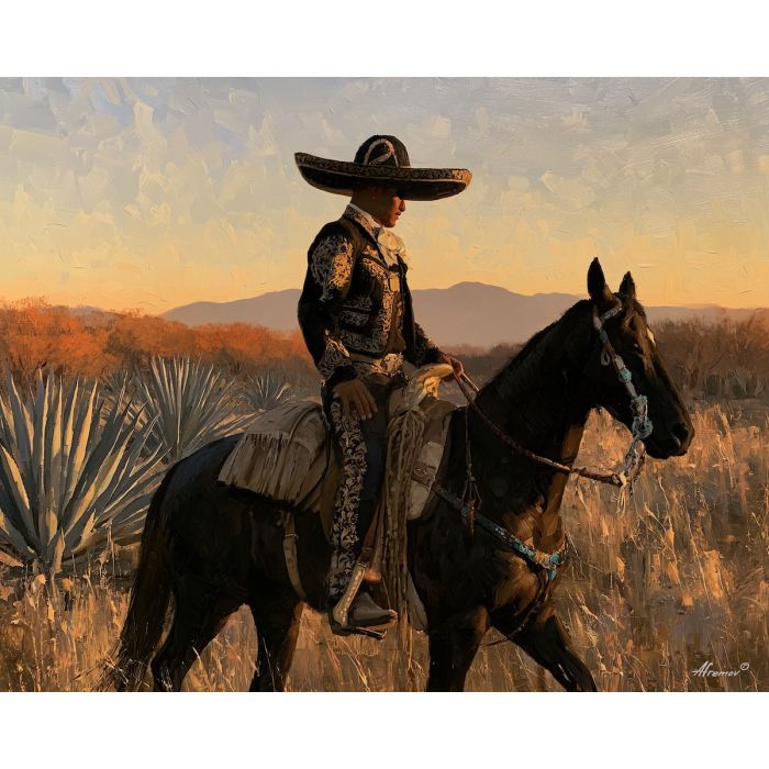 charro rider painting, mexican culture art, charro oil painting, mexican horse art, traditional mexican decor, sombrero painting, agave landscape art, cultural wall decor, equestrian mexican art, heritage painting