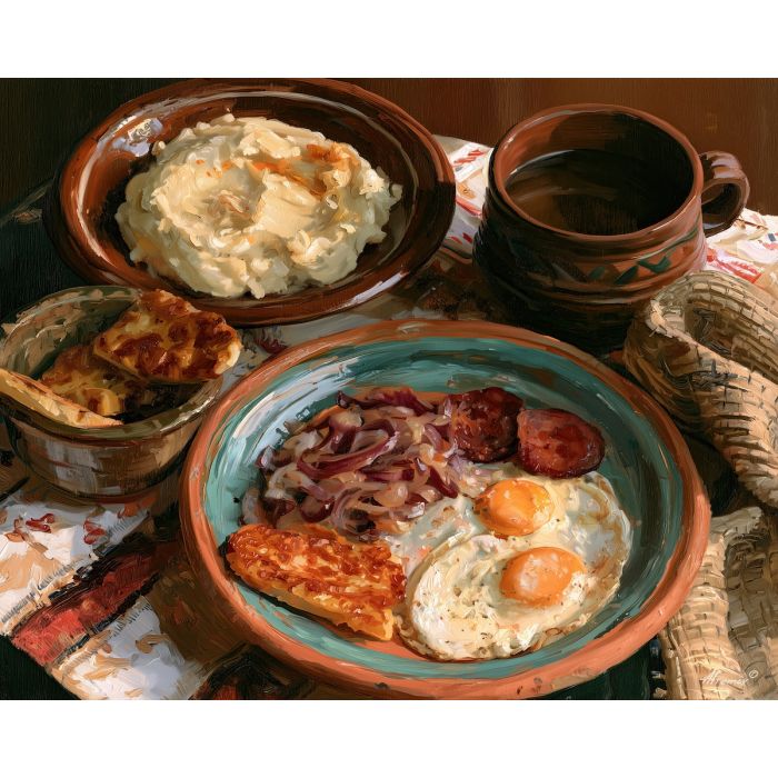 mangu painting, Dominican food art, Dominican Republic kitchen decor, oil painting, Caribbean breakfast art, traditional food still life, restaurant wall decor, Dominican culinary art, kitchen wall painting, cultural food decor