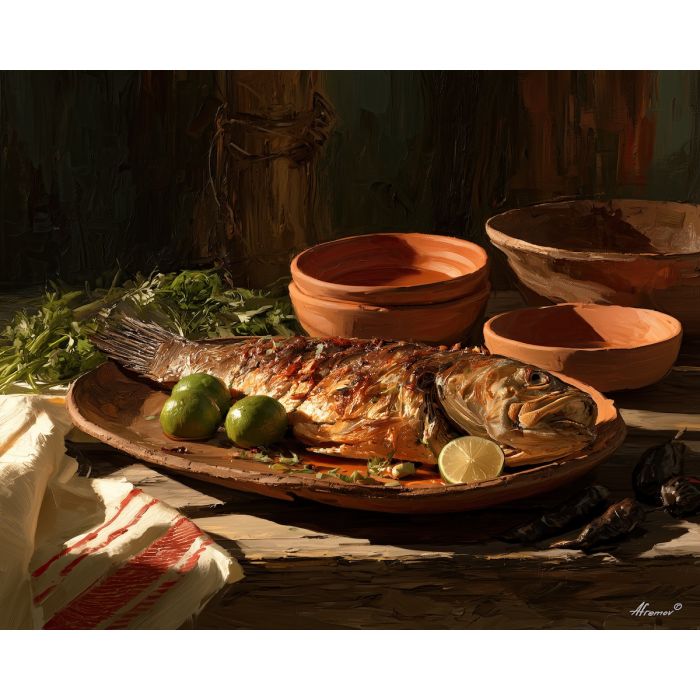 Tabasco food painting, pejelagarto art, Mexican state cuisine, oil painting, regional food decor, southern Mexico culinary art, kitchen wall painting, cultural still life, restaurant decor, Tabasco wall art