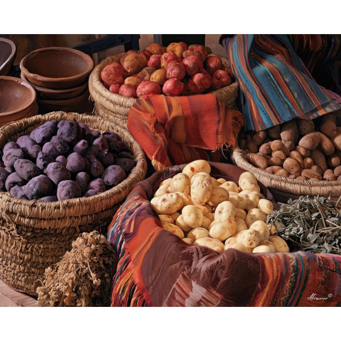 Bolivian potato painting, Andean market art, Bolivia food decor, oil painting, native potato still life, South America kitchen art, cultural harvest painting, Bolivian textile decor, rustic food art, Bolivia wall art