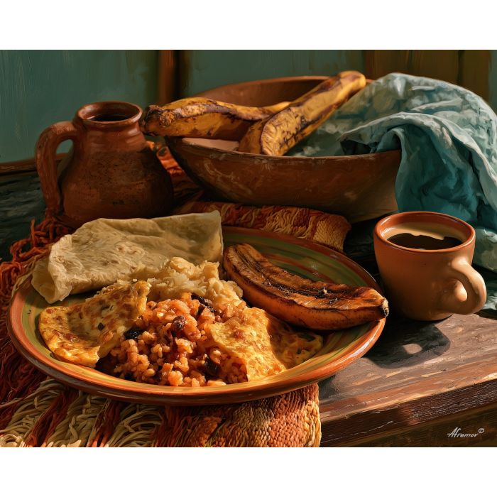 Nicaragua food painting, gallo pinto art, Nicaraguan kitchen decor, oil painting, Central America cuisine art, traditional breakfast painting, cultural food still life, restaurant wall decor, Nicaragua wall art, rustic kitchen art