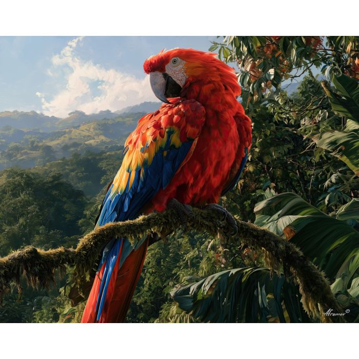 Honduras macaw painting, scarlet macaw art, tropical bird decor, oil painting, Honduran wildlife art, Central America nature painting, colorful bird wall art, jungle decor, Copan valley art, Honduras wall decor