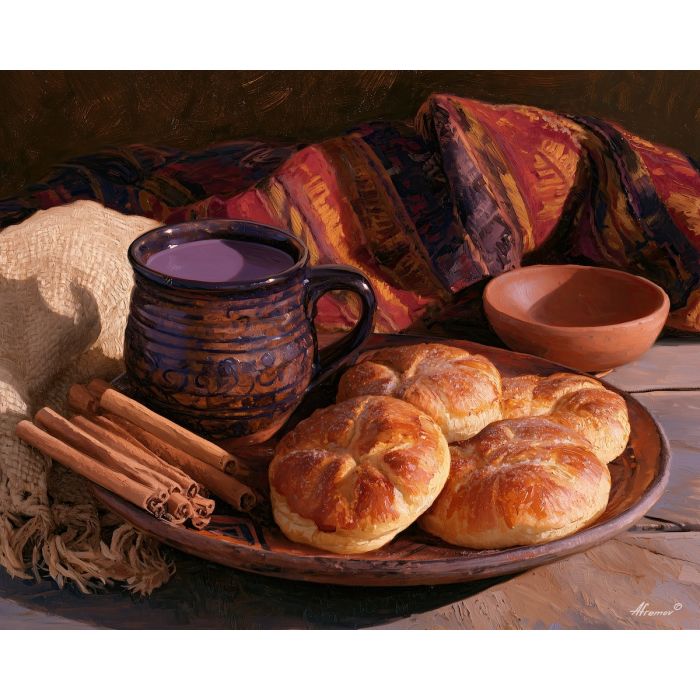 Bolivian food painting, api drink art, Bolivia breakfast decor, oil painting, South America cuisine art, traditional pastry painting, kitchen wall decor, cultural food still life, Bolivia culture art, cozy food painting