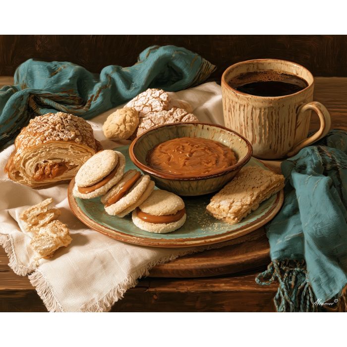 Uruguay dessert painting, dulce de leche art, alfajores wall decor, oil painting, Uruguayan food art, bakery still life, South America kitchen decor, caramel dessert painting, cafe wall art, cultural food decor