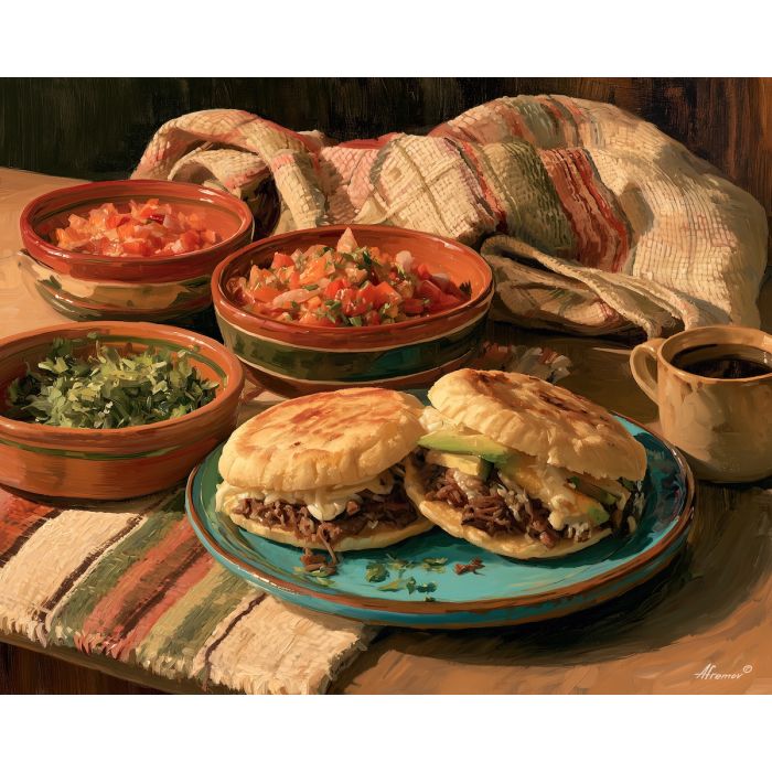 Venezuelan arepa painting, Venezuela food art, kitchen wall decor, oil painting, South America cuisine art, arepas still life, cultural food painting, restaurant decor, Venezuela kitchen art, traditional meal painting