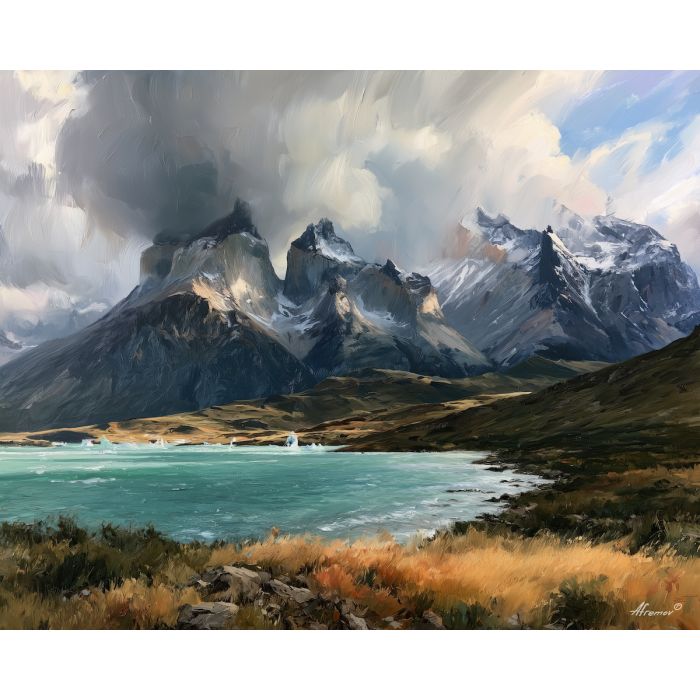 Torres del Paine painting, Chile Patagonia art, mountain wall decor, oil painting, Chile landscape, South America nature art, turquoise lake painting, travel wall art, Chilean scenery, Patagonia decor
