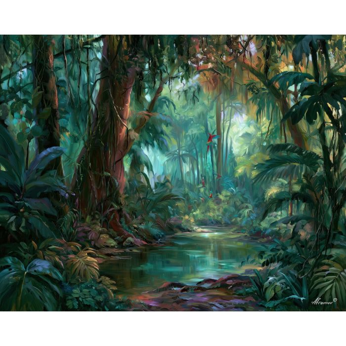 Corcovado painting, Costa Rica rainforest art, jungle landscape decor, oil painting, tropical nature wall art, scarlet macaw painting, Costa Rican wildlife, Central America scenery, rainforest wall decor, travel painting