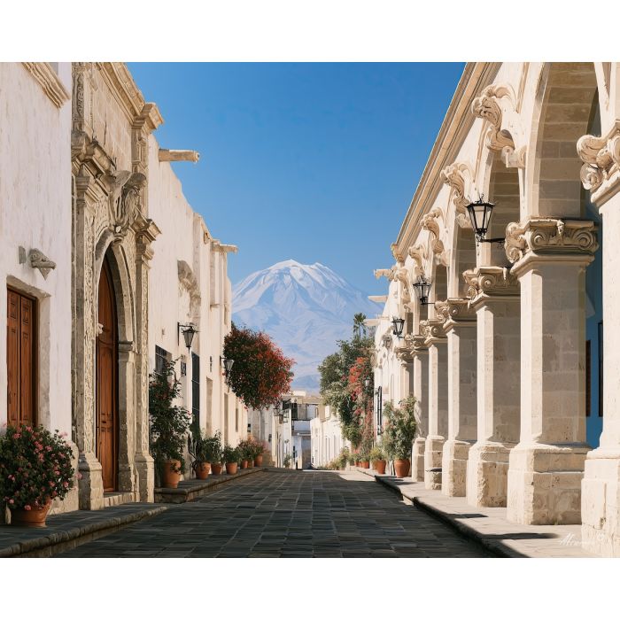 Arequipa painting, Peru architecture art, white stone city decor, oil painting, Peruvian wall art, colonial architecture painting, South America travel decor, volcanic stone art, historic street painting, Peru cityscape