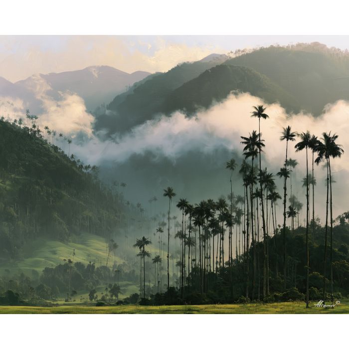 Cocora Valley painting, Colombia wax palm art, Colombian landscape decor, oil painting, South America nature art, green valley painting, travel wall art, Colombia scenery, palm landscape, mountain mist art