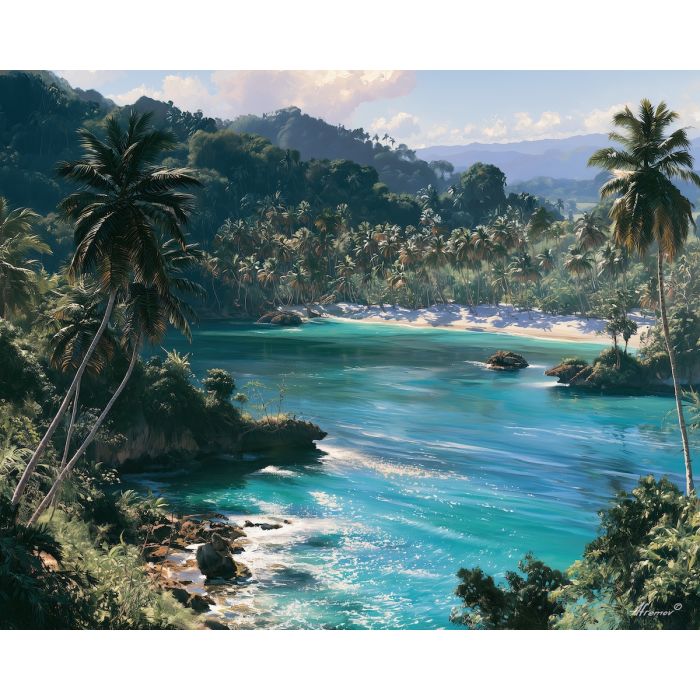 Samana painting, Dominican Republic beach art, Caribbean landscape decor, oil painting, tropical bay wall art, Dominican coast painting, palm tree decor, travel wall art, island scenery, coastal landscape