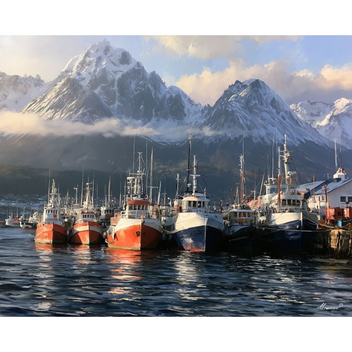 Ushuaia painting, Argentina harbor art, Tierra del Fuego decor, oil painting, Beagle Channel painting, Patagonia maritime art, South America wall decor, mountain harbor art, travel painting, Argentina scenery