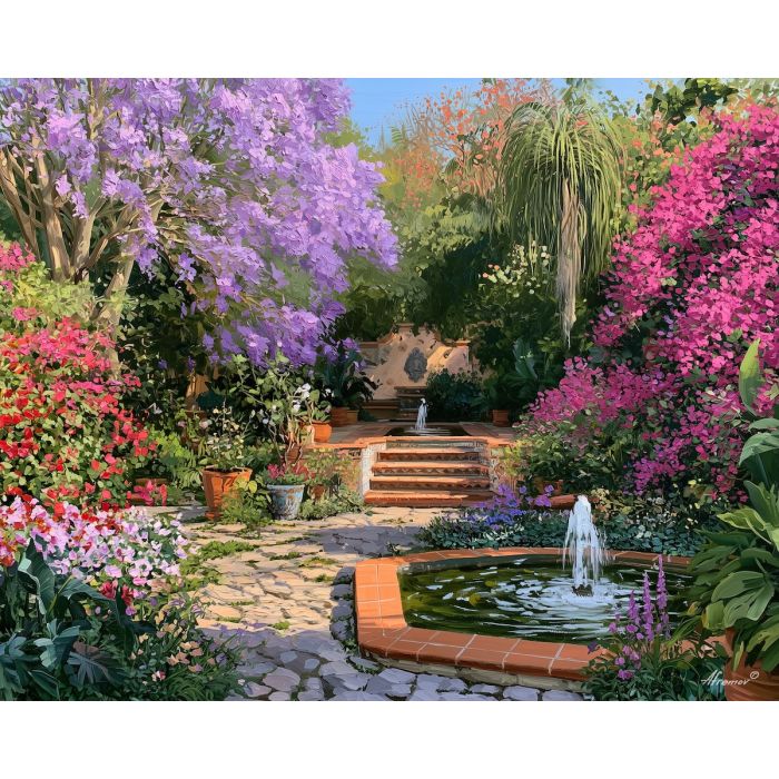 Cuernavaca garden painting, Morelos state art, Mexican garden decor, oil painting, jacaranda wall art, tropical Mexico painting, regional landscape, cultural garden art, Morelos wall decor, botanical painting