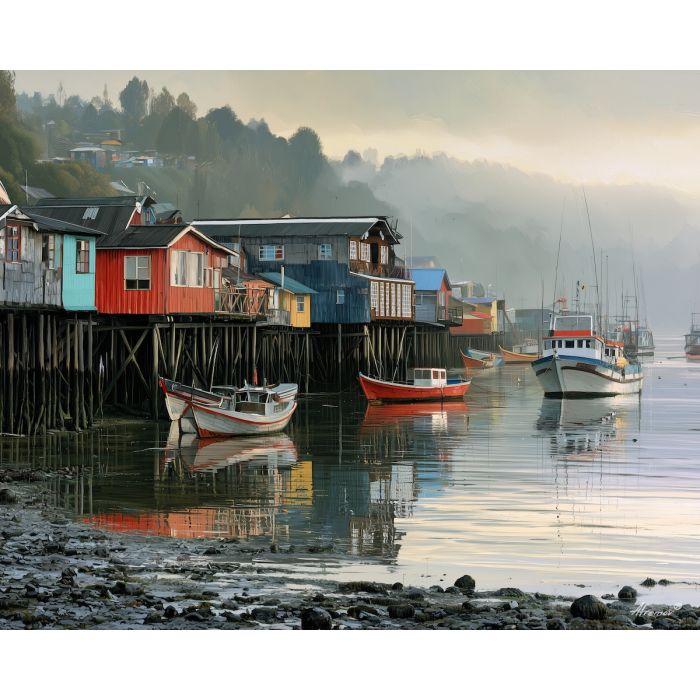 Chiloe painting, Chile stilt houses art, palafitos wall decor, oil painting, Chilean coastal art, South America architecture, fishing village painting, travel wall art, island decor, Chile culture art