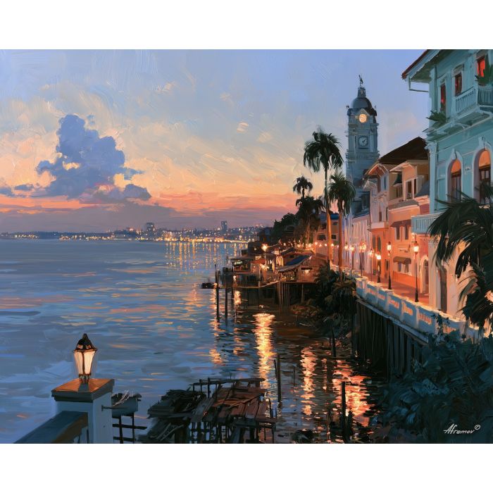 Guayaquil painting, Ecuador riverfront art, cityscape wall decor, oil painting, Ecuador travel art, South America architecture, Guayas River painting, tropical city decor, cultural landscape, Ecuador wall art
