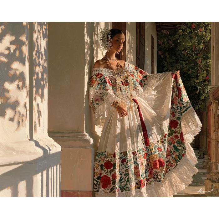 Panama pollera painting, Panamanian culture art, Panam√° traditional dress, oil painting, Central America portrait art, embroidered dress decor, cultural wall art, folkloric clothing painting, Panama heritage decor, textile portrait