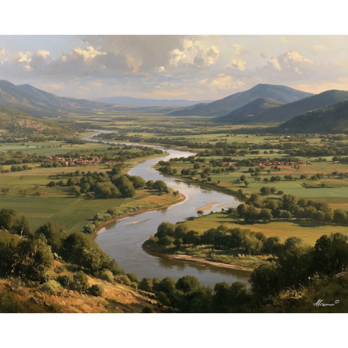 Mexico river painting, Mexican countryside art, valley landscape, oil painting, Mexico wall decor, rural landscape art, Mexican scenery, farm valley painting, cultural landscape, nature wall art