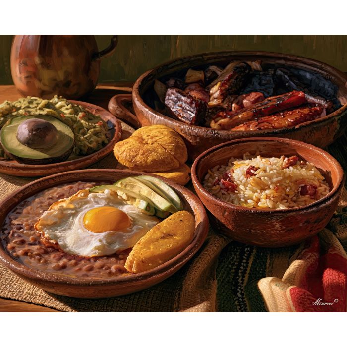 bandeja paisa painting, Colombian food art, Colombia kitchen decor, oil painting, South America cuisine art, restaurant wall decor, cultural food painting, Colombian still life, traditional meal art, dining room decor