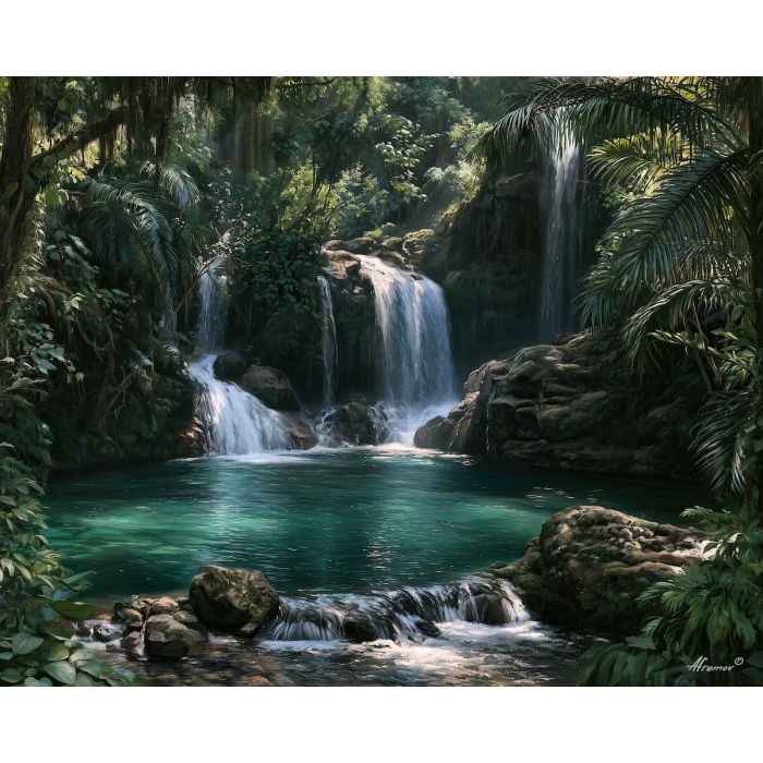 Tamanique waterfall painting, El Salvador nature art, tropical waterfall decor, oil painting, Salvadoran landscape, Central America scenery, jungle pool painting, travel wall art, green nature decor, waterfall wall art