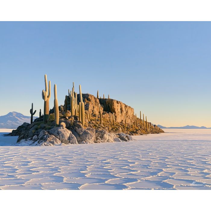 Uyuni cactus painting, Bolivia salt flat art, cactus island decor, oil painting, Salar de Uyuni wall art, Bolivian landscape, South America desert art, travel painting, highland scenery, Bolivia decor