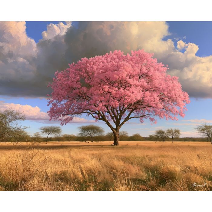 Paraguay lapacho painting, Chaco landscape art, pink tree wall decor, oil painting, Paraguayan nature art, South America botanical landscape, floral tree painting, Paraguay scenery, travel wall art, countryside decor