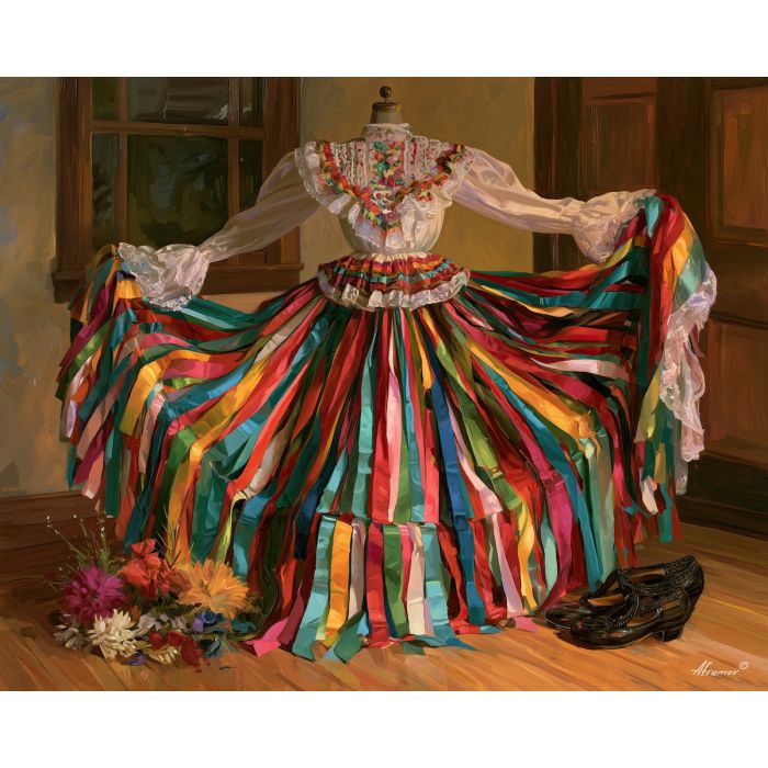 folklorico dress painting, mexican dance costume, traditional mexican culture, oil painting, colorful skirt art, mexican textile decor, cultural dance wall art, embroidered dress painting, heritage decor, folk costume art